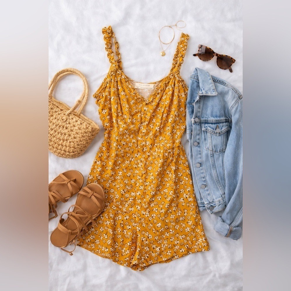 Urban Outfitters Mustard Floral Romper Ruffle Strap Button Front Cottagecore M - Picture 1 of 7